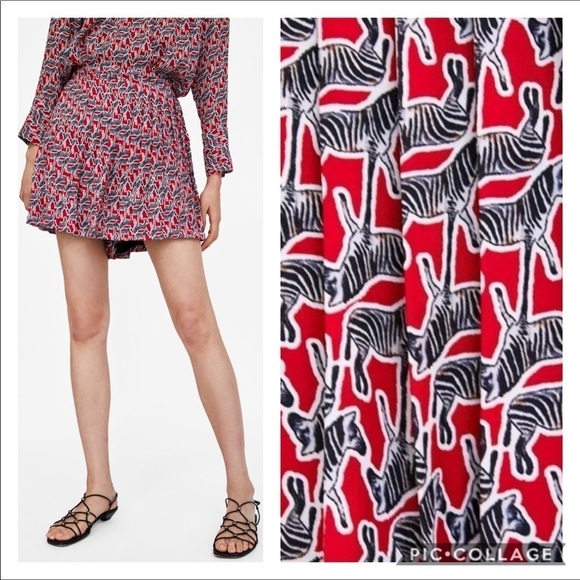 Zara Red Zebra Print High Waisted Pleated Skort Size M
